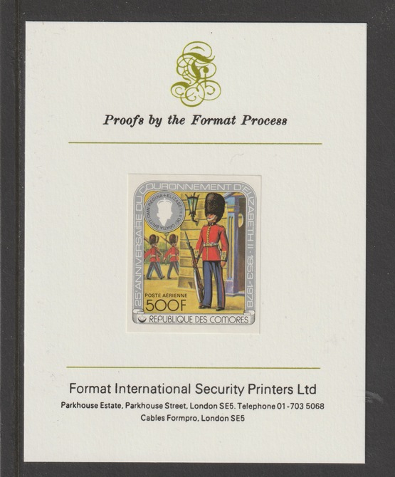 Comoro Islands 1978 Coronation 25th Anniversary 500f (Guard on Sentry Duty) imperf mounted on Format International proof card, stamps on royalty, stamps on coronation