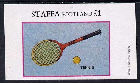 Staffa 1982 Sports Accessories (Tennis Racket) imperf souvenir sheet (£1 value) unmounted mint, stamps on sport    tennis