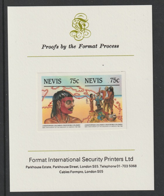 Nevis 1986 500th Anniversary of Columbus's Discovery of America 75c se-tenant pair mperf mounted on Format International proof card as SG377a, stamps on columbus, stamps on wxplorers, stamps on americana, stamps on indians