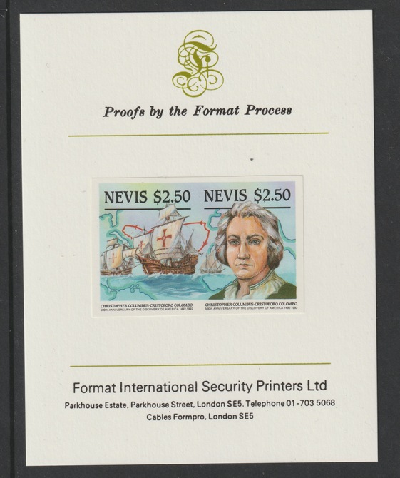 Nevis 1986 500th Anniversary of Columbus's Discovery of America $2.50 se-tenant pair mperf mounted on Format International proof card as SG381a, stamps on columbus, stamps on wxplorers, stamps on americana, stamps on ships