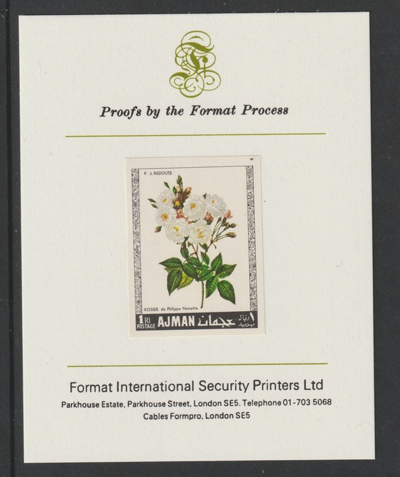 Ajman 1969 Roses 1R (Philippe Noisette) imperf mounted on Format International proof card as Michel 405B, stamps on flowers, stamps on roses