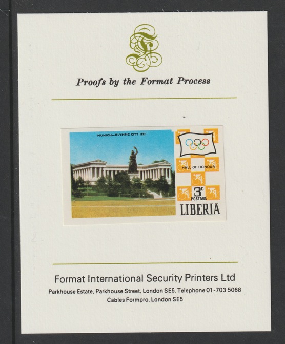 Liberia 1971 Munich Olympic Games 3c imperf mounted on Format International proof card as SG 1067, stamps on , stamps on  stamps on olympics