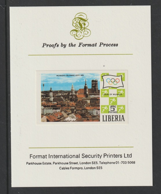 Liberia 1971 Munich Olympic Games 5c imperf mounted on Format International proof card as SG 1068, stamps on , stamps on  stamps on olympics