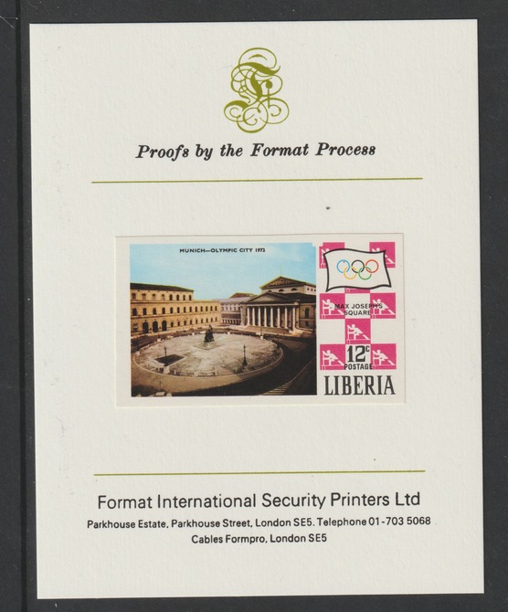 Liberia 1971 Munich Olympic Games 12c imperf mounted on Format International proof card as SG 1070, stamps on , stamps on  stamps on olympics