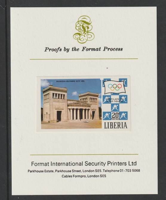 Liberia 1971 Munich Olympic Games 20c imperf mounted on Format International proof card as SG 1071, stamps on , stamps on  stamps on olympics