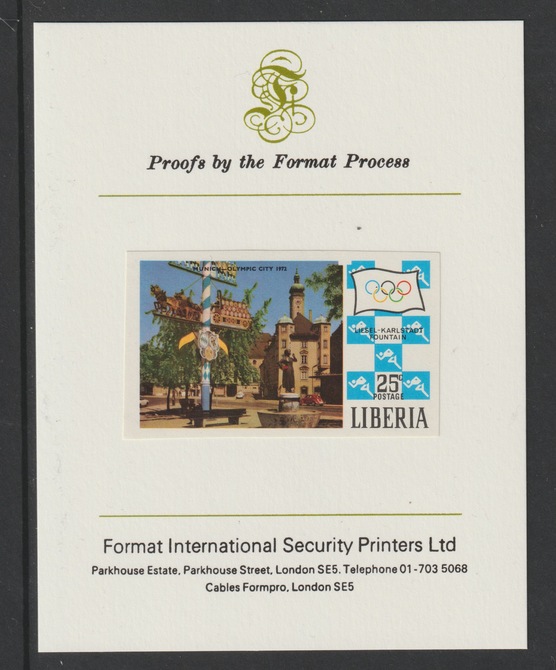 Liberia 1971 Munich Olympic Games 25c imperf mounted on Format International proof card as SG 1072, stamps on olympics