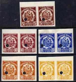 Peru 1938? Five essays 10c to 50 sol in imperf pairs each with Waterlow & Sons security punch holes (inscribed Impuesto Joyeria Ley 8513) with part gum, stamps on , stamps on  stamps on peru 1938? five essays 10c to 50 sol in imperf pairs each with waterlow & sons security punch holes (inscribed impuesto joyeria ley 8513) with part gum