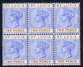 St Lucia 1891-98 QV 2d blue & orange block of 6 unmounted mint but two stamps affected by crease and some ink offset on 3 stamps, SG 45, stamps on , stamps on  stamps on , stamps on  stamps on  qv , stamps on  stamps on 