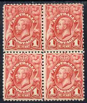 Australia 1913-14 KG5 Head 1d block of 4, one stamp with vert line through flowers at right, unmounted mint  SG17var, stamps on 