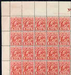 Australia 1913-14 KG5 Head 1d corner block of 20 unmounted mint but minor wrinkles SG17, stamps on 