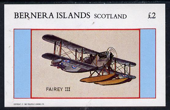 Bernera 1982 Aircraft #12 (Fairey III) imperf deluxe sheet (£2 value) unmounted mint, stamps on aviation, stamps on fairey