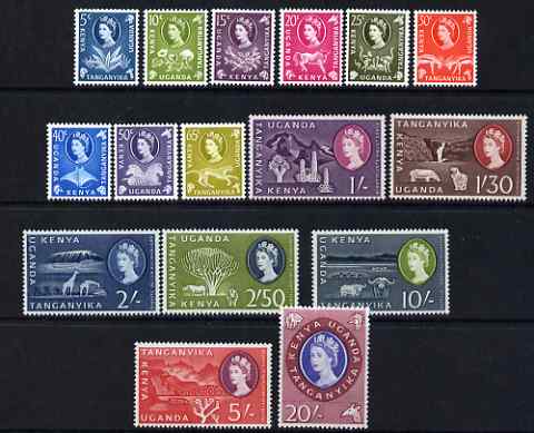 Kenya, Uganda & Tanganyika 1960-62 QEII definitive set complete 5c to 20s unmounted mint, SG 183-98, stamps on , stamps on  stamps on animals, stamps on  stamps on cotton, stamps on  stamps on sisal, stamps on  stamps on zebras, stamps on  stamps on cheetahs, stamps on  stamps on cats, stamps on  stamps on trees, stamps on  stamps on rhinos, stamps on  stamps on waterfalls, stamps on  stamps on mountainsd, stamps on  stamps on buffalos, stamps on  stamps on bovine, stamps on  stamps on fish, stamps on  stamps on zebra