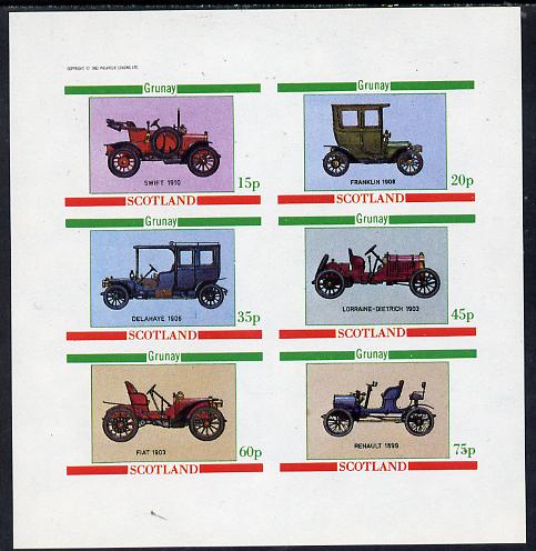 Grunay 1982 Vintage Cars (Swift 1910, Franklin 1908 etc) imperf set of 6 values (15p to 75p) unmounted mint, stamps on cars, stamps on fiat, stamps on renault, stamps on swift, stamps on franklin