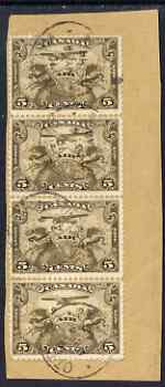 Canada 1928 Air 5c vert strip of 4 fine commercially used on piece SG274, stamps on aviation