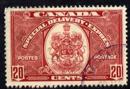 Canada 1938-39 Special Delivery 20c scarlet (Arms of canada) fine corner cancel, SG S10 , stamps on arms, stamps on  kg6 , stamps on heraldry