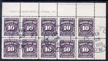 Canada 1935-65 Postage Due 10c corner imprint block of 10 fine cds used, SG D24, stamps on 