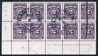 Canada 1935-65 Postage Due 2c corner imprint block of 10 fine cds used, SG D19, stamps on 