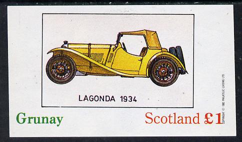 Grunay 1982 Early Cars (Lagonda 1934) imperf souvenir sheet (£1 value) unmounted mint, stamps on cars, stamps on lagonda