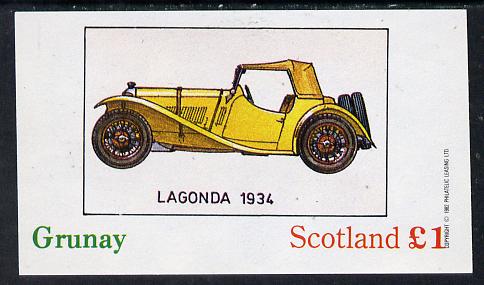 Grunay 1982 Early Cars (Lagonda 1934) imperf souvenir sheet (Â£1 value) unmounted mint, stamps on cars, stamps on lagonda