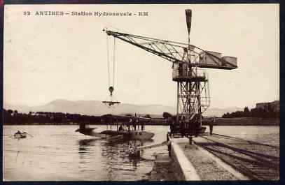 Postcard - Antibes sepia card used to  London showing Flying Boat with Crane (Station Hydronavale), stamps on aviation, stamps on flying boats