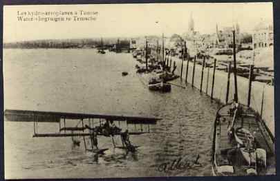 Photograph - Seaplane black & white photograph inscribed 'Les hydro-aeroplanes a Tamise Water-vliegtuigen te Temsche', stamps on , stamps on  stamps on aviation, stamps on  stamps on flying boats