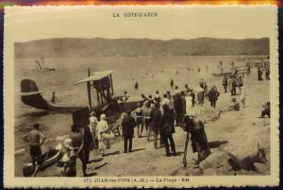 Postcard - La Cot-DAzur unused sepia card showing seaplane on beach (Juan les Pins, la Plage), stamps on aviation, stamps on flying boats