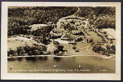 Postcard - unused sepia card showing moored flying boats (Log Chateau and boat harbour, Seigniory Club PQ, Canada), stamps on aviation, stamps on flying boats