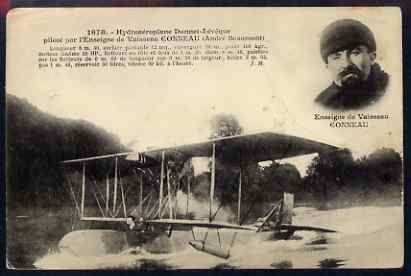 Postcard - Donnet-Leveque unused black & white card inscribed Hydroaeroplane Donnet-Leveque pilote par LEnseigne e Vaisseau Conneau, stamps on aviation, stamps on flying boats