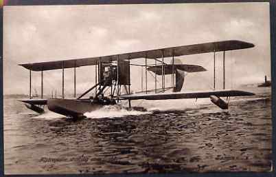 Postcard - Sopwith Batboat 1912 unused sepia card inscribed 'Hydroplane starting on a flight', stamps on , stamps on  stamps on aviation, stamps on  stamps on flying boats