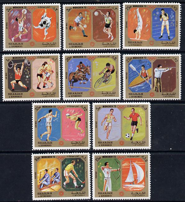 Sharjah 1972 Munich Olympic Sports perf set of 10 unmounted mint, Mi 942-51A, stamps on , stamps on  stamps on sport, stamps on  stamps on olympics, stamps on  stamps on running, stamps on  stamps on football, stamps on  stamps on discus, stamps on  stamps on diving, stamps on  stamps on rowing, stamps on  stamps on gymnastics, stamps on  stamps on boxing, stamps on  stamps on archery, stamps on  stamps on sailing, stamps on  stamps on field hockey, stamps on  stamps on wrestling, stamps on  stamps on bicycles, stamps on  stamps on horses, stamps on  stamps on show jumping, stamps on  stamps on canoeing, stamps on  stamps on shooting, stamps on  stamps on weightlifting, stamps on  stamps on basketball, stamps on  stamps on judo, stamps on  stamps on  gym , stamps on  stamps on gymnastics, stamps on  stamps on , stamps on  stamps on martial arts