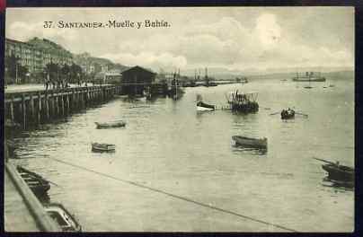 Postcard - Santander unused black & white card showing Sea Plane in harbour, stamps on aviation, stamps on flying boats