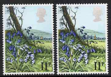 Great Britain 1979 Spring Wild Flowers 11p Bluebell with Queen's head shifted 2mm to left (plus normal, both unmounted mint SG 1081var, stamps on flowers