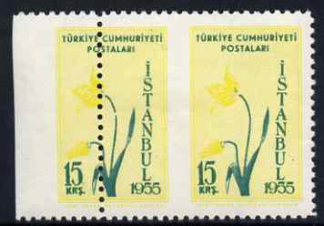 Turkey 1955 Flower Festival 15k horiz marginal pair with vert perf misplaced through centre of one stamp, unmounted mint, stamps on , stamps on  stamps on turkey 1955 flower festival 15k horiz marginal pair with vert perf misplaced through centre of one stamp, stamps on  stamps on  unmounted mint