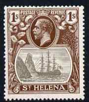 St Helena 1922-37 KG5 Badge Script 1s single with variety 'Cleft rock' (stamp 49) fine mtd mint but repaired tear lower left, SG 106c cat A3225 as fine, stamps on , stamps on  stamps on , stamps on  stamps on  kg5 , stamps on  stamps on ships