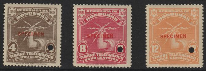 Honduras 1934 Telegraph set of 3 optd SPECIMEN each with security punch hole unmounted mint (ex ABN Co archives) , stamps on telegraphs