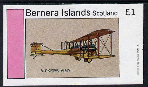 Bernera 1982 Bi-Planes #2 (Vickers Vimy) imperf souvenir sheet (£1 value) unmounted mint, stamps on aviation    vickers
