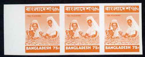 Bangladesh 1973 Plucking Tea 75p orange imperf marginal strip of 3 unmounted mint as SG30, stamps on , stamps on  stamps on drinks, stamps on  stamps on  tea , stamps on  stamps on 