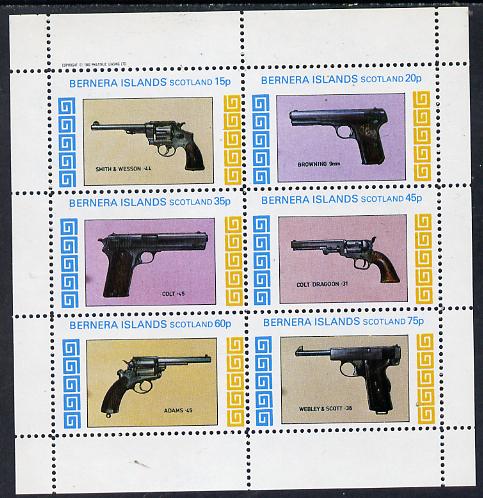 Bernera 1982 Pistols (Smith & Wesson, Colt 45, Browning, etc) perf set of 6 values (15p to 75p) unmounted mint, stamps on militaria, stamps on wild west, stamps on firearms