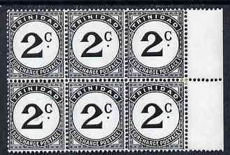 Trinidad & Tobago 1923 Postage Due 2c marginal block of 6, one stamp with St Edward's Crown error, unmounted mint few split perfs SG D26ac, stamps on , stamps on  stamps on trinidad & tobago 1923 postage due 2c marginal block of 6, stamps on  stamps on  one stamp with st edward's crown error, stamps on  stamps on  unmounted mint few split perfs sg d26ac