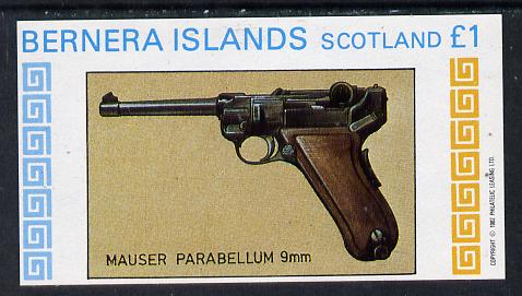 Bernera 1982 Pistols (Mauser 9mm) imperf souvenir sheet (£1 value) unmounted mint, stamps on militaria, stamps on firearms