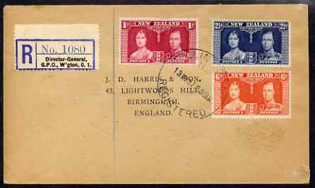 New Zealand 1937 KG6 Coronation set of 3 on reg cover with first day cancel addressed to the forger, J D Harris.,Harris was imprisoned for 9 months after Robson Lowe exposed him for applying forged first day cancels to Coronation covers (details supplied)., stamps on , stamps on  stamps on , stamps on  stamps on  kg6 , stamps on  stamps on forgery, stamps on  stamps on forger, stamps on  stamps on forgeries, stamps on  stamps on coronation
