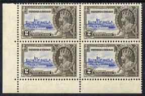 Trinidad & Tobago 1935 Silver Jubilee 2c corner block of 4, one stamp with \D4Extra Flagstaff\D5 variety, unmounted mint but slight signs of toning not visible from the front, SG239a 