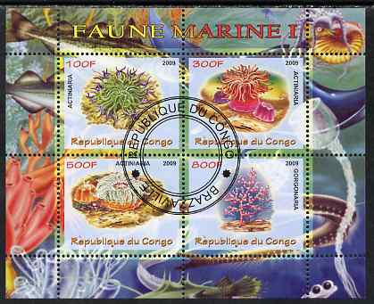 Congo 2009 Sea Life #1 perf sheetlet containing 4 values fine cto used, stamps on marine life, stamps on fish