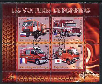 Congo 2009 Fire Engines perf sheetlet containing 4 values fine cto used, stamps on , stamps on  stamps on fire