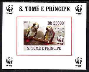 St Thomas & Prince Islands 2009 WWF - African Grey Parrot #1 individual imperf deluxe sheet unmounted mint. Note this item is privately produced and is offered purely on its thematic appeal, stamps on , stamps on  stamps on , stamps on  stamps on  wwf , stamps on  stamps on birds, stamps on  stamps on parrots