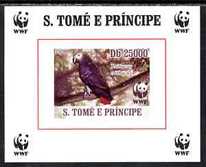 St Thomas & Prince Islands 2009 WWF - African Grey Parrot #2 individual imperf deluxe sheet unmounted mint. Note this item is privately produced and is offered purely on its thematic appeal, stamps on , stamps on  wwf , stamps on birds, stamps on parrots