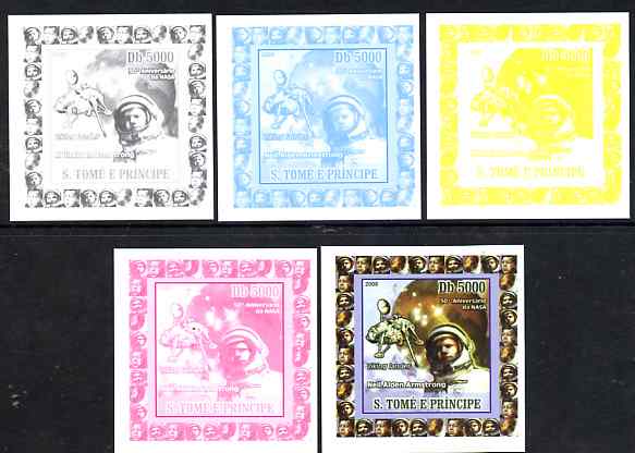 St Thomas & Prince Islands 2008 50th Anniversary of NASA individual deluxe sheet #2 (Armstrong) the set of 5 imperf progressive proofs comprising the 4 individual colours..., stamps on space, stamps on apollo