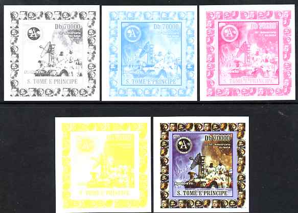 St Thomas & Prince Islands 2008 50th Anniversary of NASA individual deluxe sheet #3 (Apollo 17) the set of 5 imperf progressive proofs comprising the 4 individual colours..., stamps on space, stamps on apollo