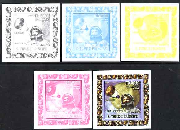 St Thomas & Prince Islands 2008 50th Anniversary of NASA individual deluxe sheet #4 (Scott) the set of 5 imperf progressive proofs comprising the 4 individual colours plu..., stamps on space, stamps on apollo