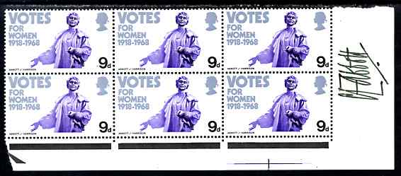 Great Britain 1968 British Anniversaries 9d Votes for Women corner block of 6 signed in margin by Clive Abbott, the designer, unmounted mint, stamps on 